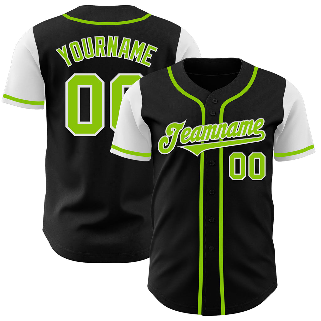 Custom Black Neon Green-White Authentic Two Tone Baseball Jersey