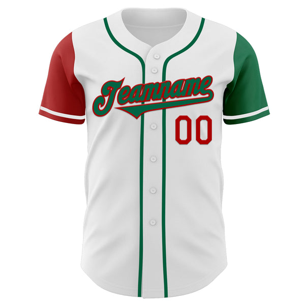 Custom White Kelly Green-Red Authentic Two Tone Baseball Jersey