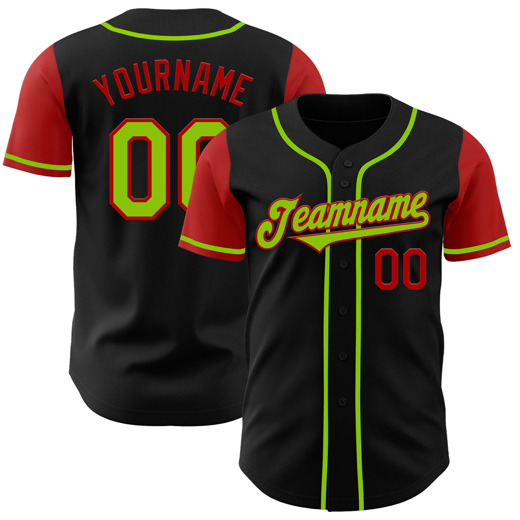 Custom Black Neon Green-Red Authentic Two Tone Baseball Jersey