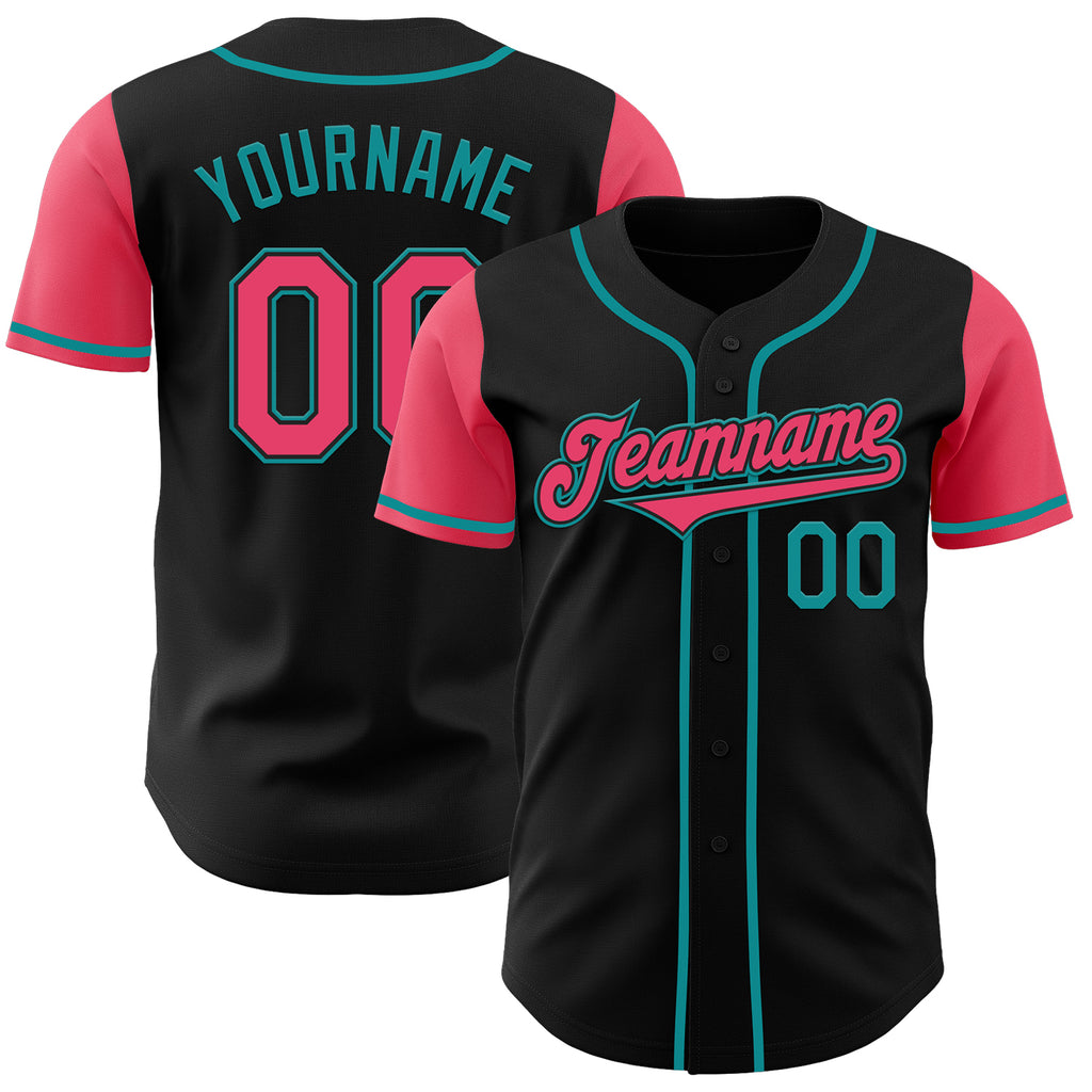 Custom Black Neon Pink-Teal Authentic Two Tone Baseball Jersey