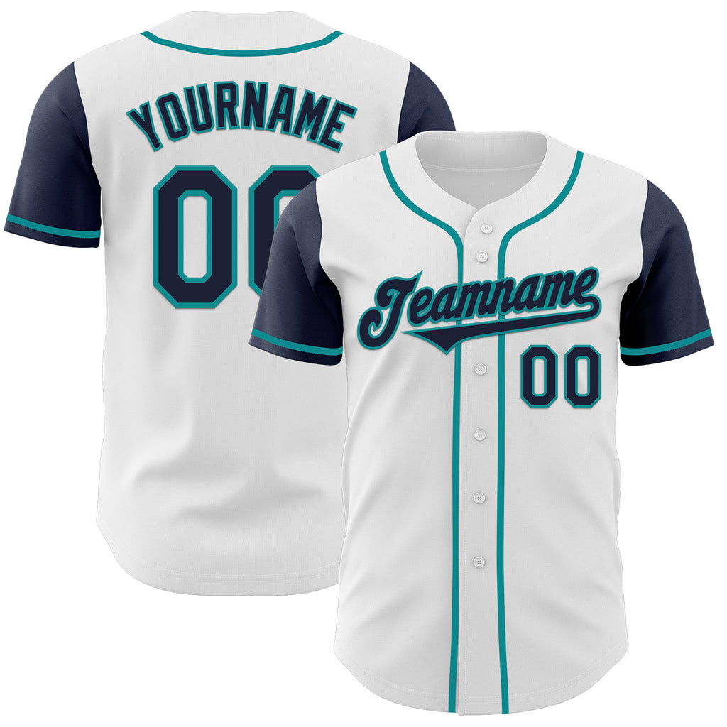 Custom White Navy-Teal Authentic Two Tone Baseball Jersey