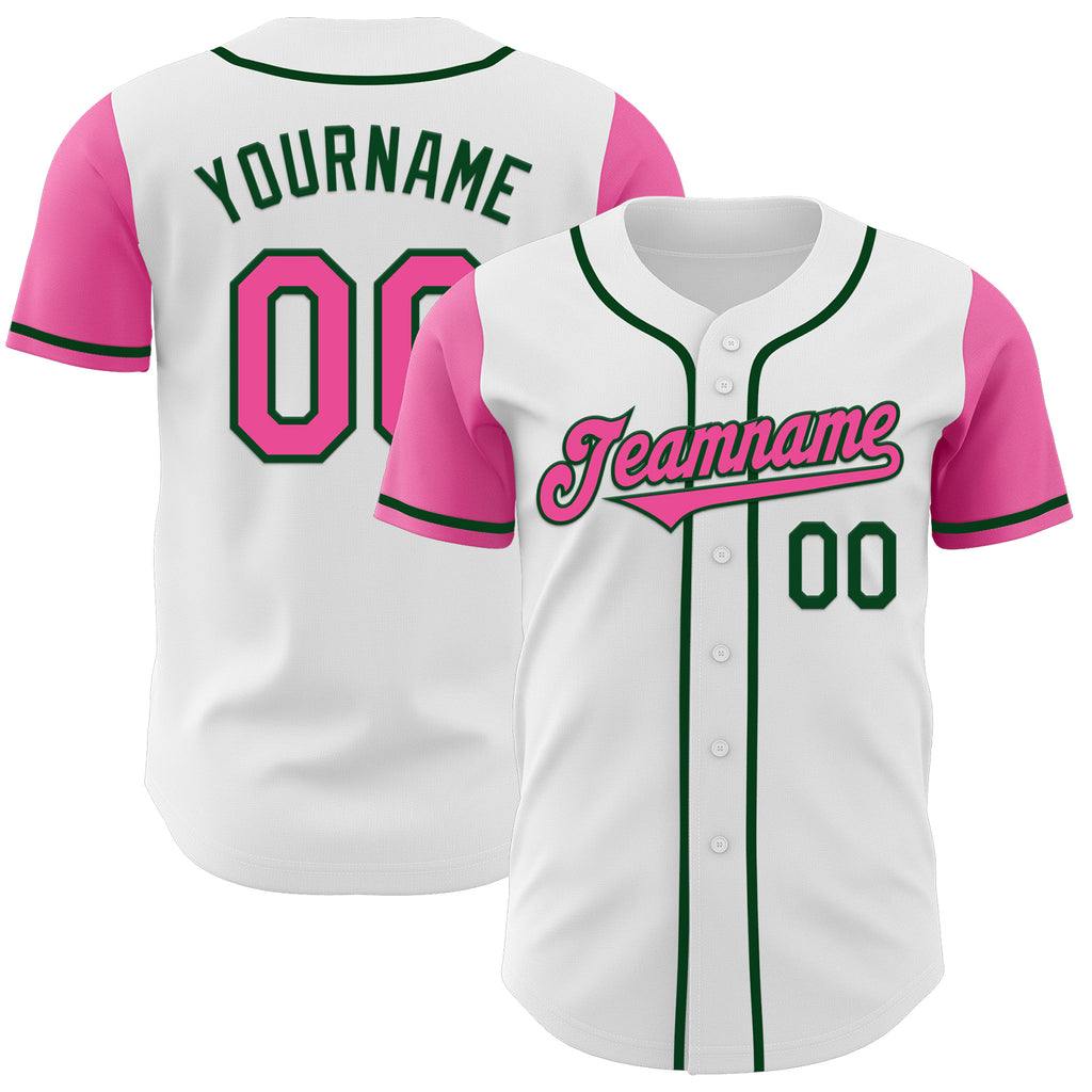 Custom White Pink-Green Authentic Two Tone Baseball Jersey