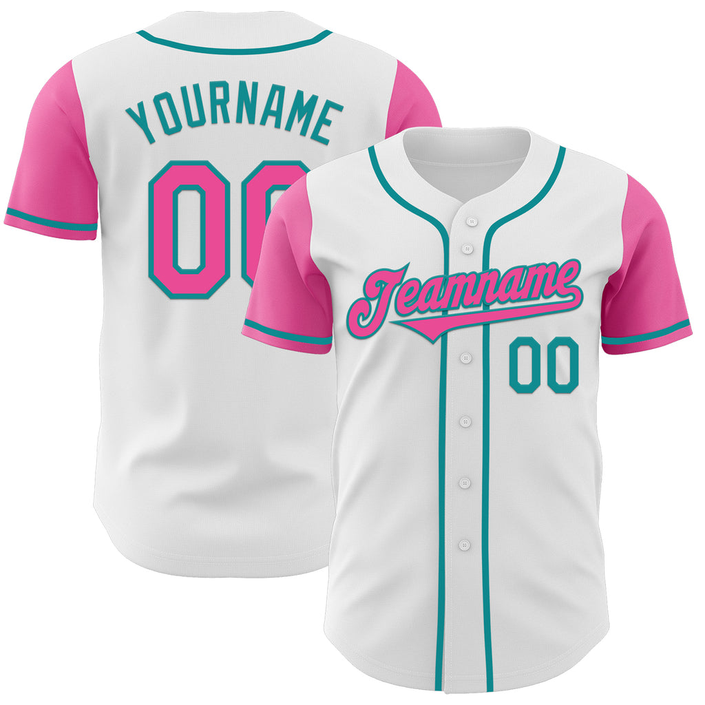 Custom White Pink-Teal Authentic Two Tone Baseball Jersey