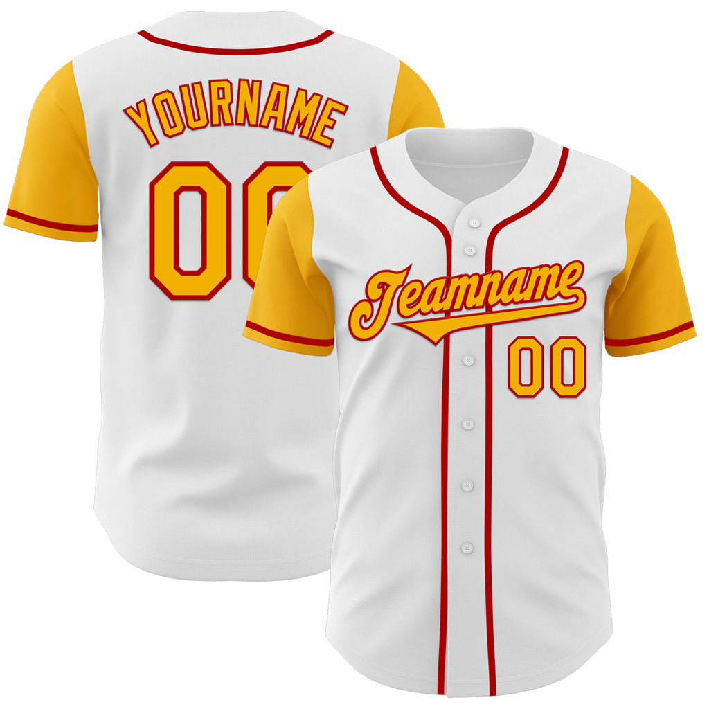 Custom White Gold-Red Authentic Two Tone Baseball Jersey