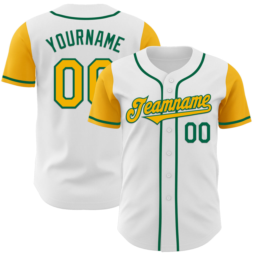 Custom White Gold-Kelly Green Authentic Two Tone Baseball Jersey