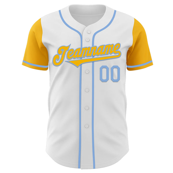 Custom White Gold-Light Blue Authentic Two Tone Baseball Jersey