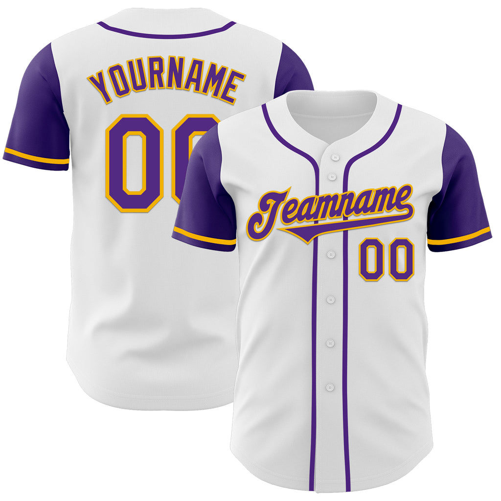 Custom White Purple-Gold Authentic Two Tone Baseball Jersey