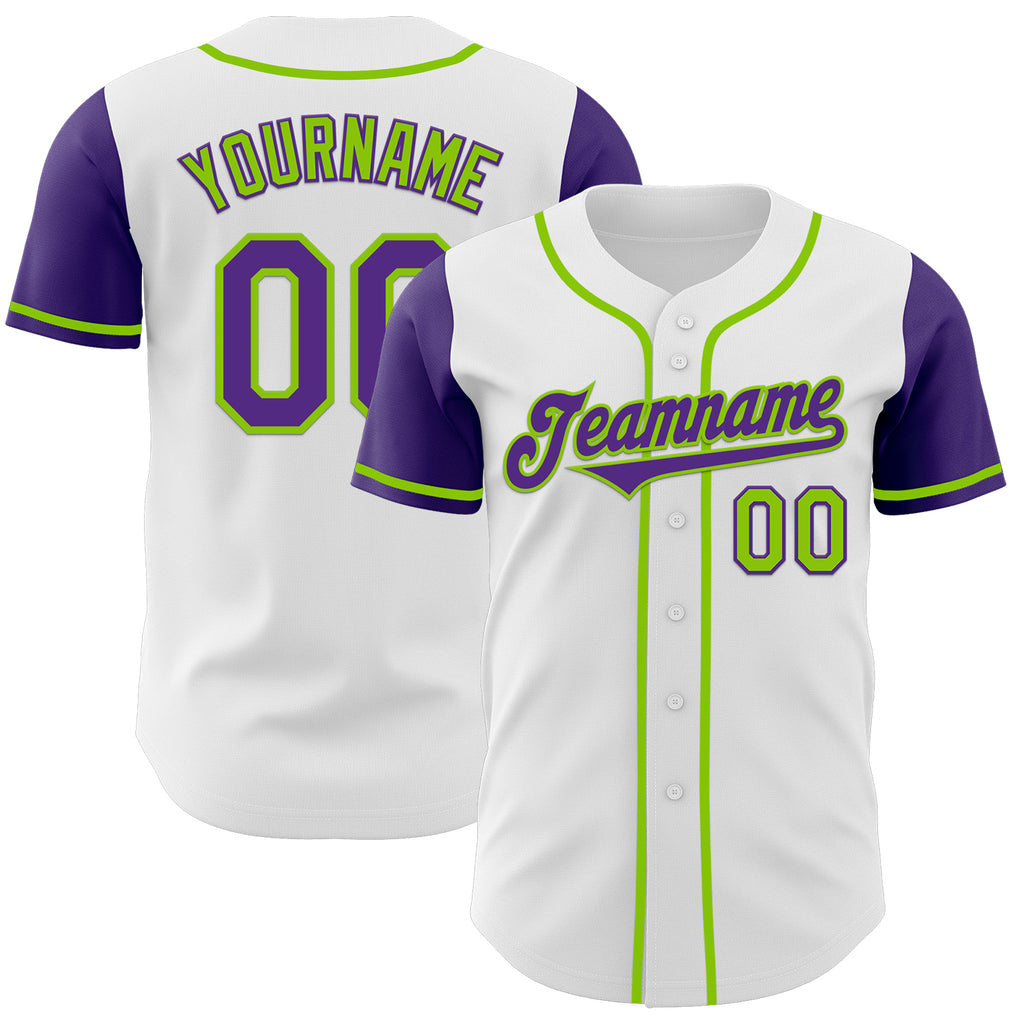 Custom White Purple-Neon Green Authentic Two Tone Baseball Jersey