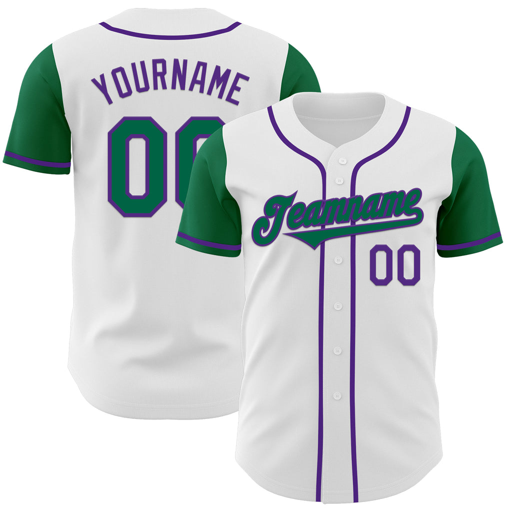 Custom White Kelly Green-Purple Authentic Two Tone Baseball Jersey