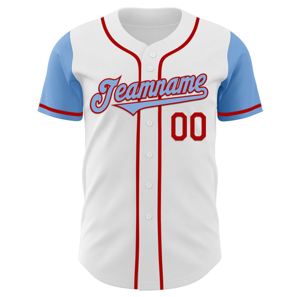 Custom White Light Blue-Red Authentic Two Tone Baseball Jersey