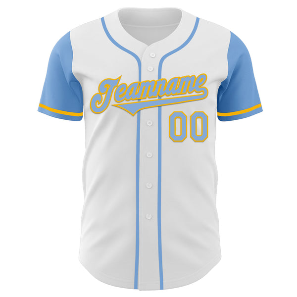 Custom White Light Blue-Gold Authentic Two Tone Baseball Jersey