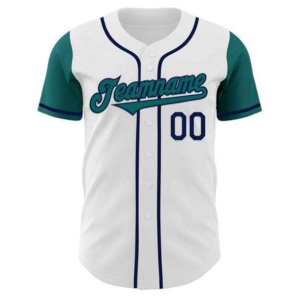 Custom White Teal-Navy Authentic Two Tone Baseball Jersey