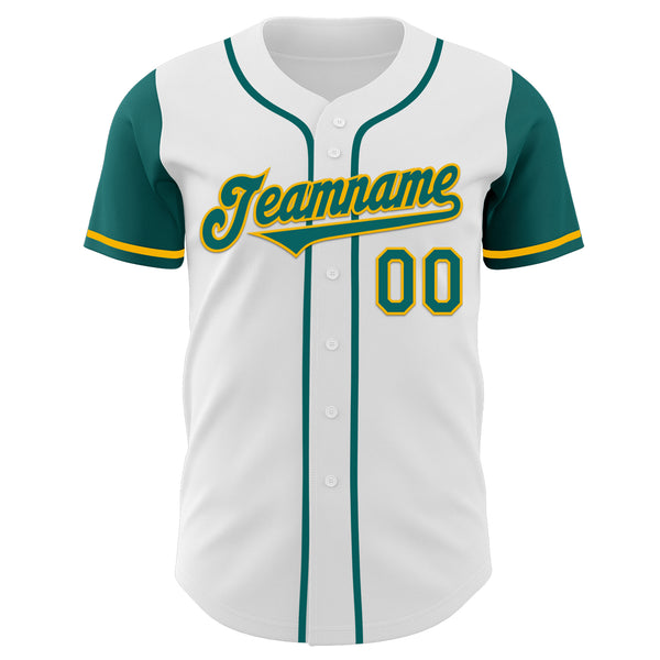 Custom White Teal-Gold Authentic Two Tone Baseball Jersey