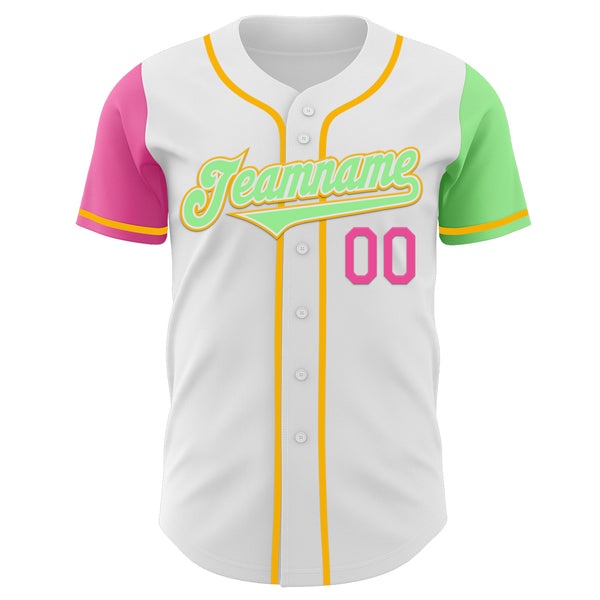 Custom White Pink Pea Green-Gold Authentic Two Tone Baseball Jersey