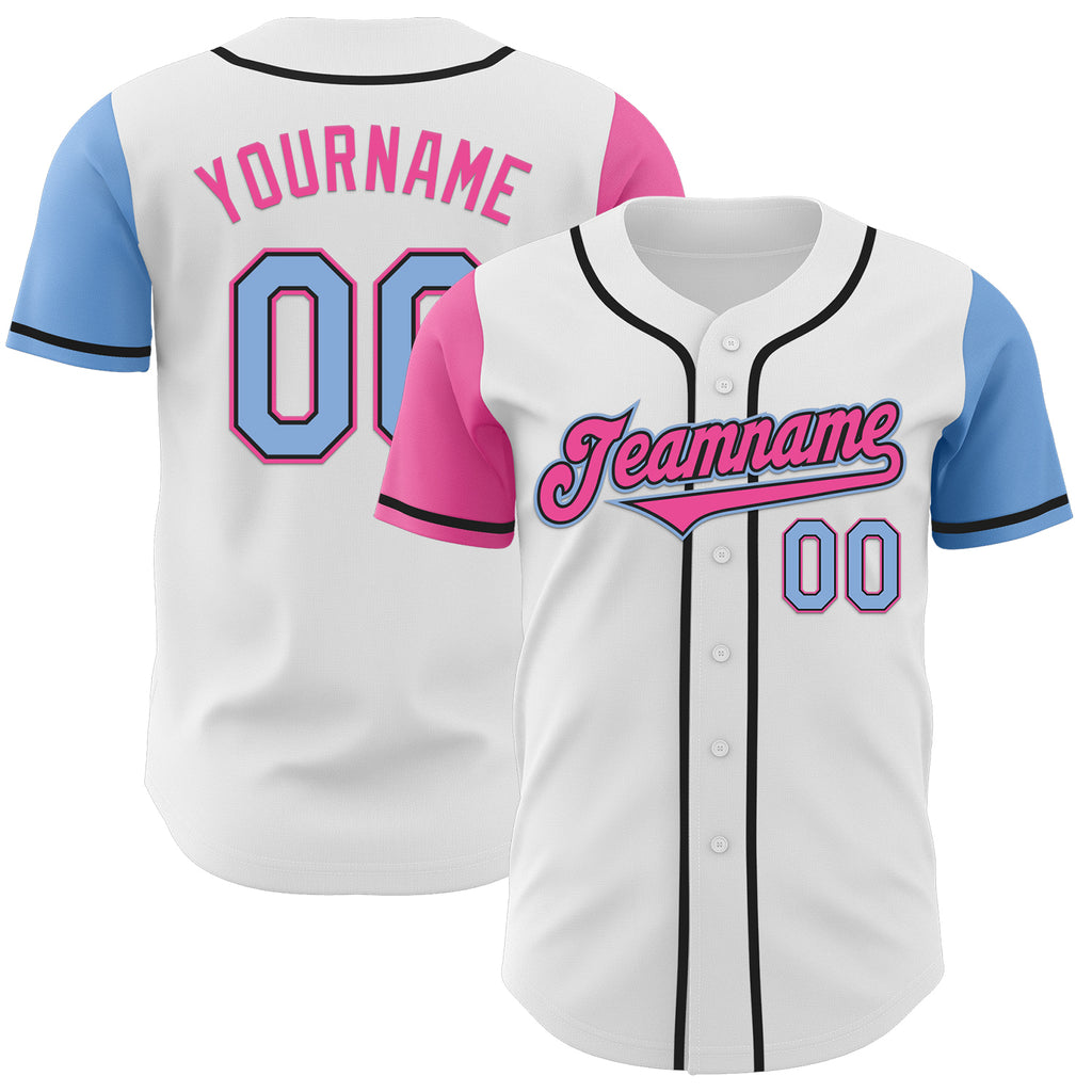 Custom White Light Blue Black-Pink Authentic Two Tone Baseball Jersey