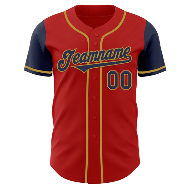 Custom Red Navy-Old Gold Authentic Two Tone Baseball Jersey