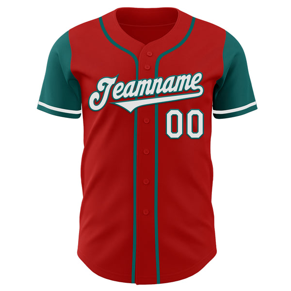 Custom Red White-Teal Authentic Two Tone Baseball Jersey