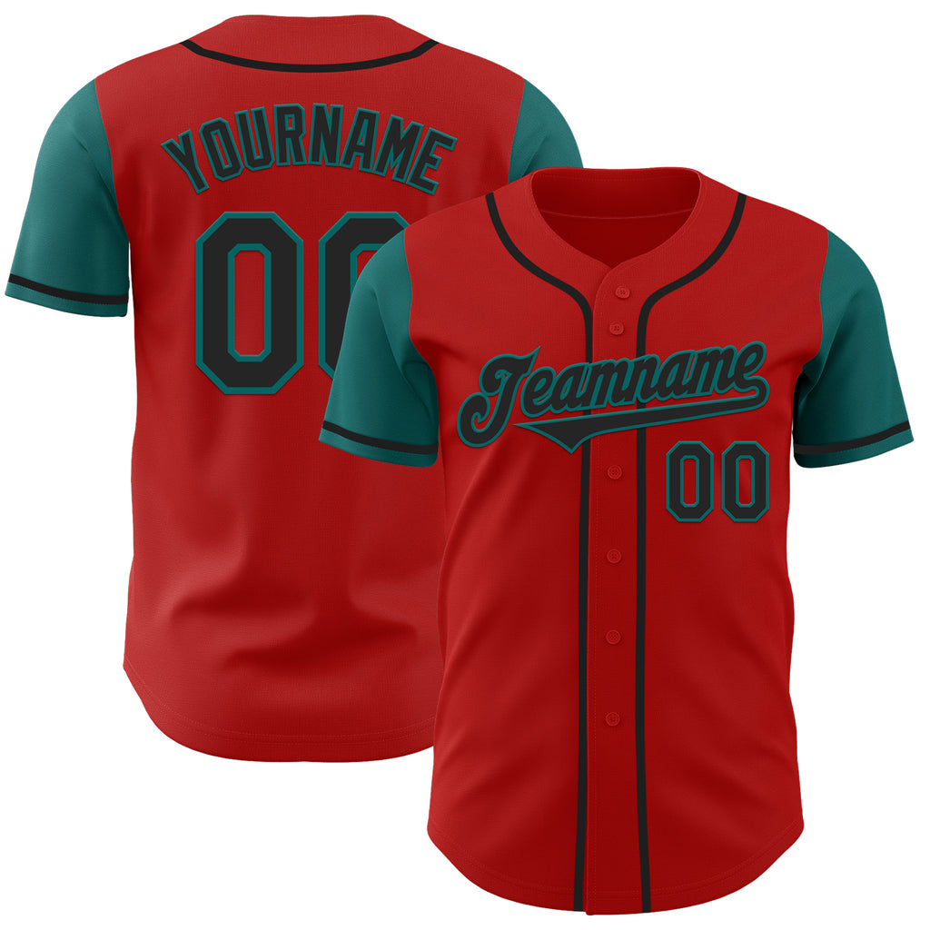 Custom Red Black-Teal Authentic Two Tone Baseball Jersey