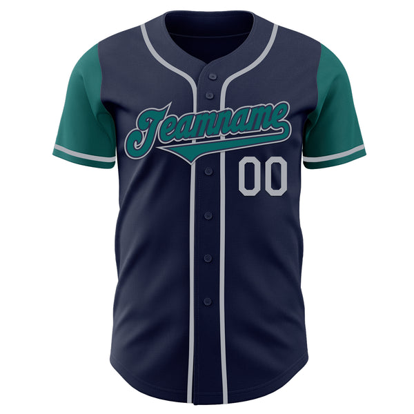 Custom Navy Teal-Gray Authentic Two Tone Baseball Jersey