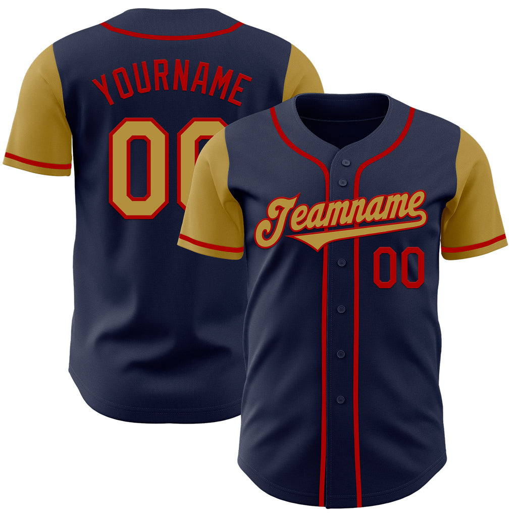 Custom Navy Old Gold-Red Authentic Two Tone Baseball Jersey