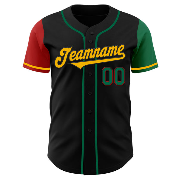 Custom Black Kelly Green Red-Gold Authentic Two Tone Baseball Jersey