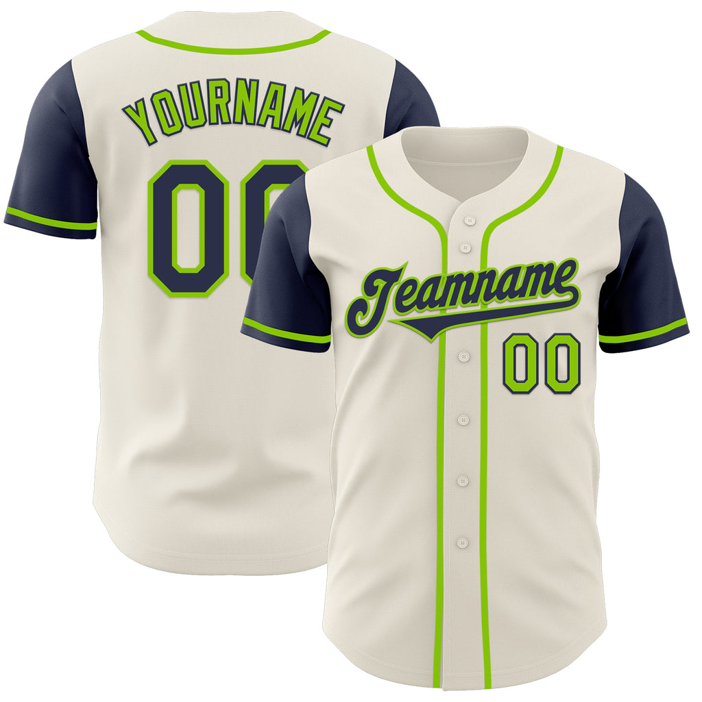 Custom Cream Navy-Neon Green Authentic Two Tone Baseball Jersey