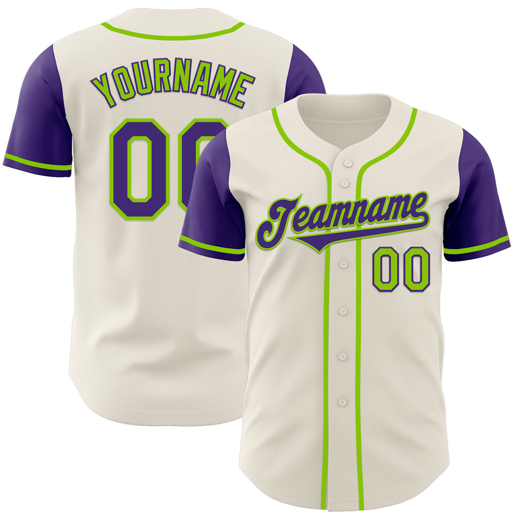 Custom Cream Purple-Neon Green Authentic Two Tone Baseball Jersey