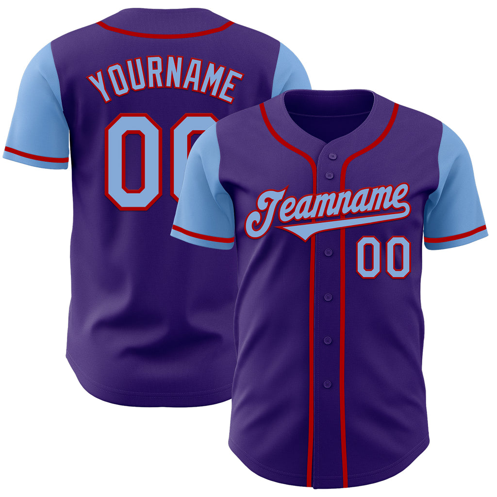 Custom Purple Light Blue-Red Authentic Two Tone Baseball Jersey