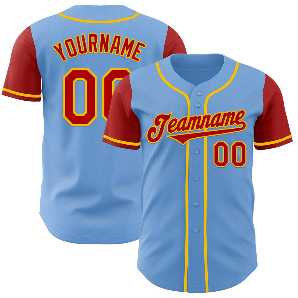 Custom Light Blue Red-Yellow Authentic Two Tone Baseball Jersey