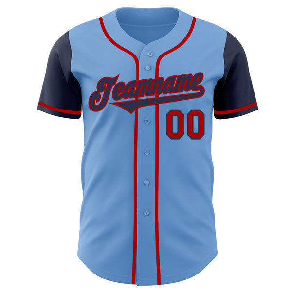 Custom Light Blue Navy-Red Authentic Two Tone Baseball Jersey