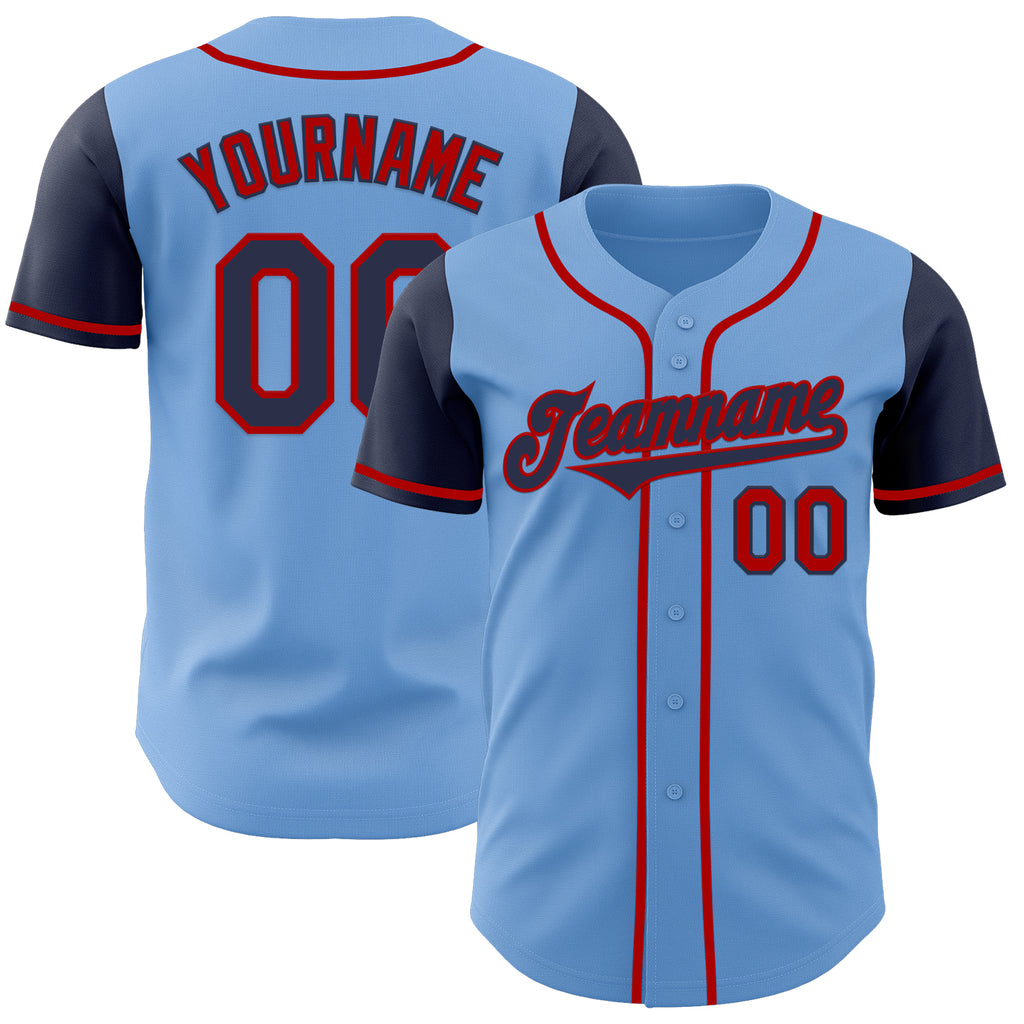 Custom Light Blue Navy-Red Authentic Two Tone Baseball Jersey