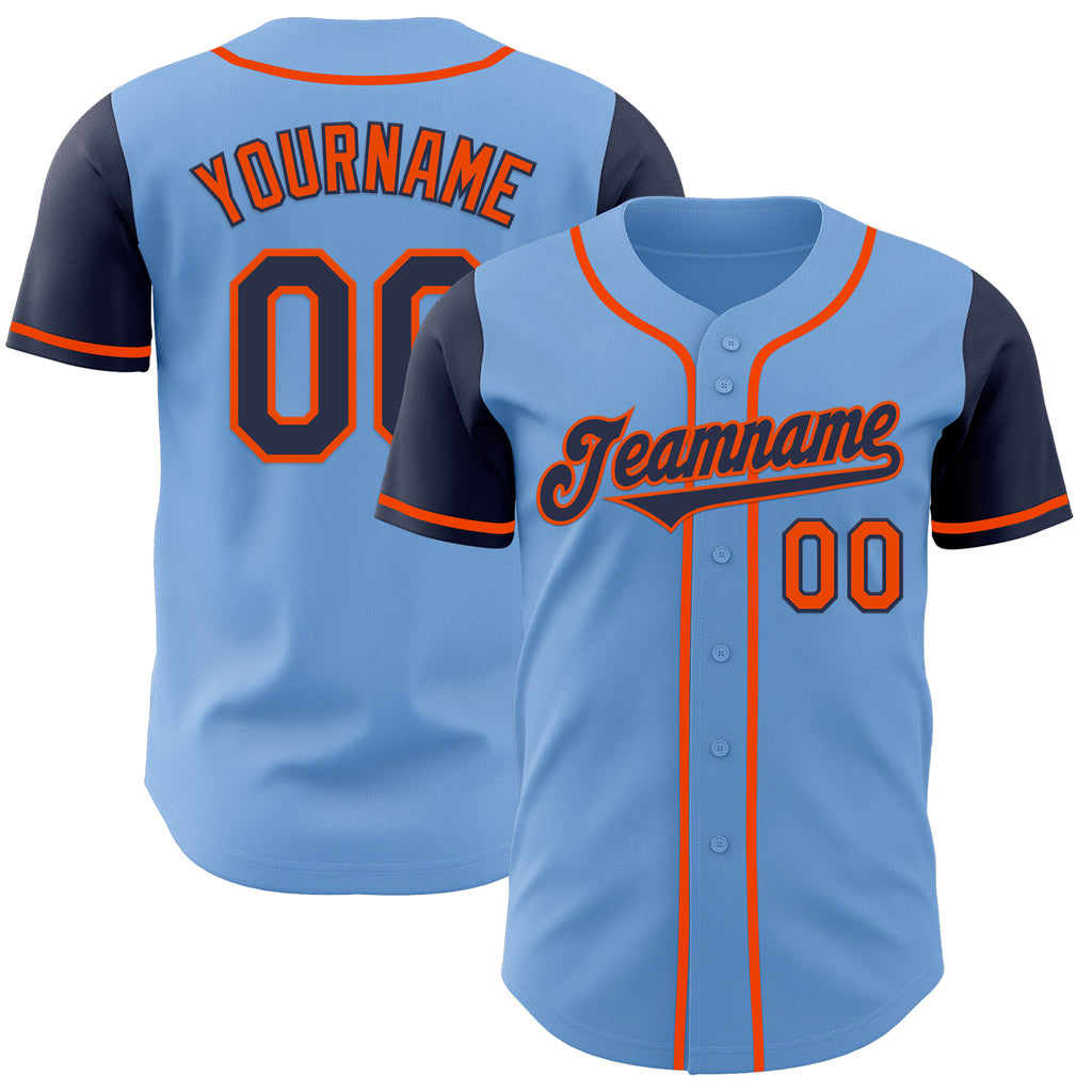 Custom Light Blue Navy-Orange Authentic Two Tone Baseball Jersey