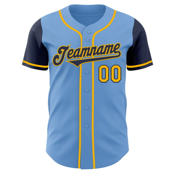 Custom Light Blue Navy-Gold Authentic Two Tone Baseball Jersey