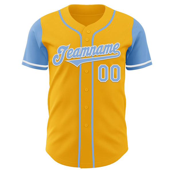 Custom Gold Light Blue-White Authentic Two Tone Baseball Jersey