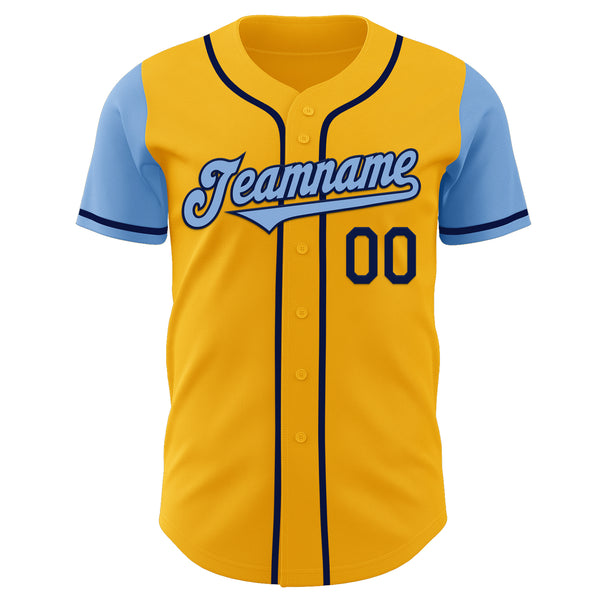 Custom Gold Light Blue-Navy Authentic Two Tone Baseball Jersey