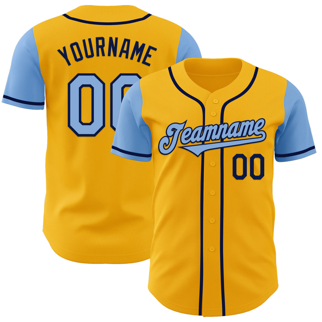 Custom Gold Light Blue-Navy Authentic Two Tone Baseball Jersey