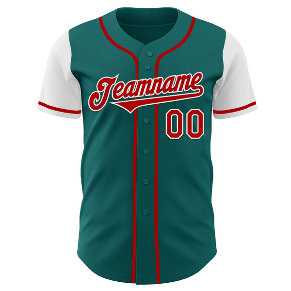 Custom Teal Red-White Authentic Two Tone Baseball Jersey