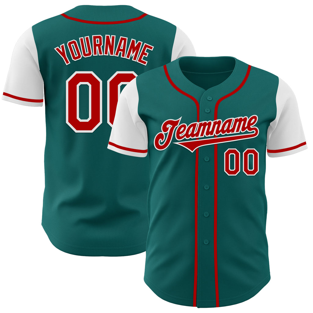 Custom Teal Red-White Authentic Two Tone Baseball Jersey