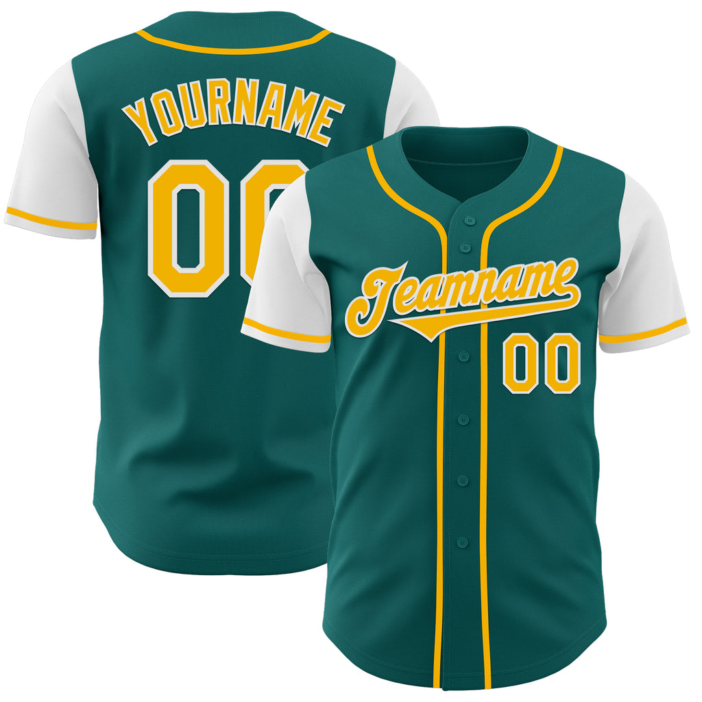 Custom Teal Gold-White Authentic Two Tone Baseball Jersey