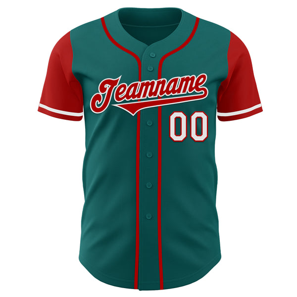 Custom Teal Red-White Authentic Two Tone Baseball Jersey