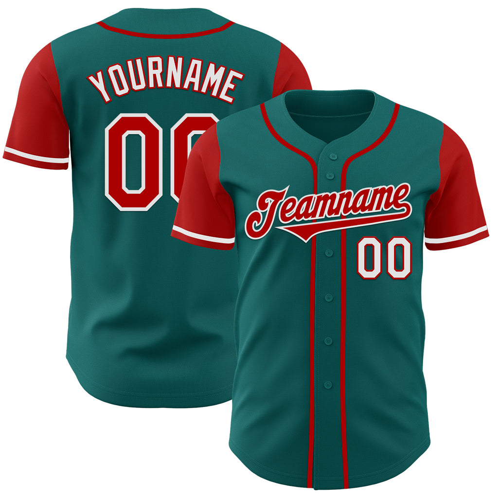 Custom Teal Red-White Authentic Two Tone Baseball Jersey