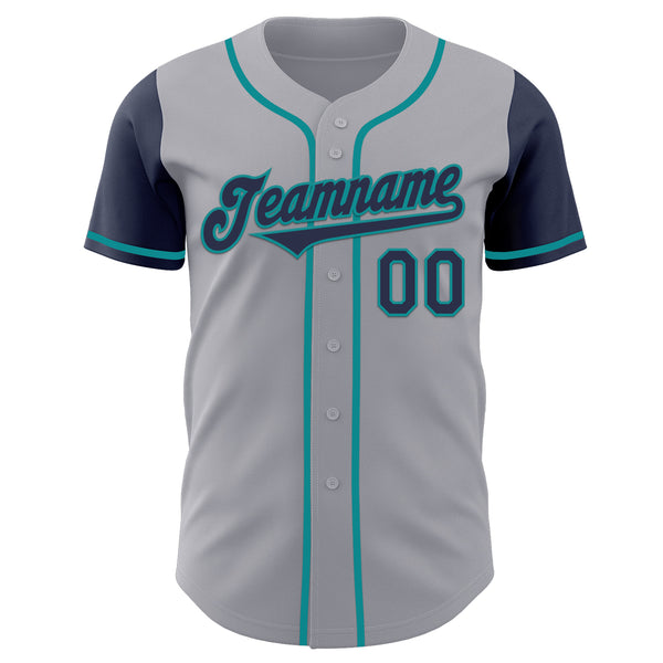 Custom Gray Navy-Teal Authentic Two Tone Baseball Jersey