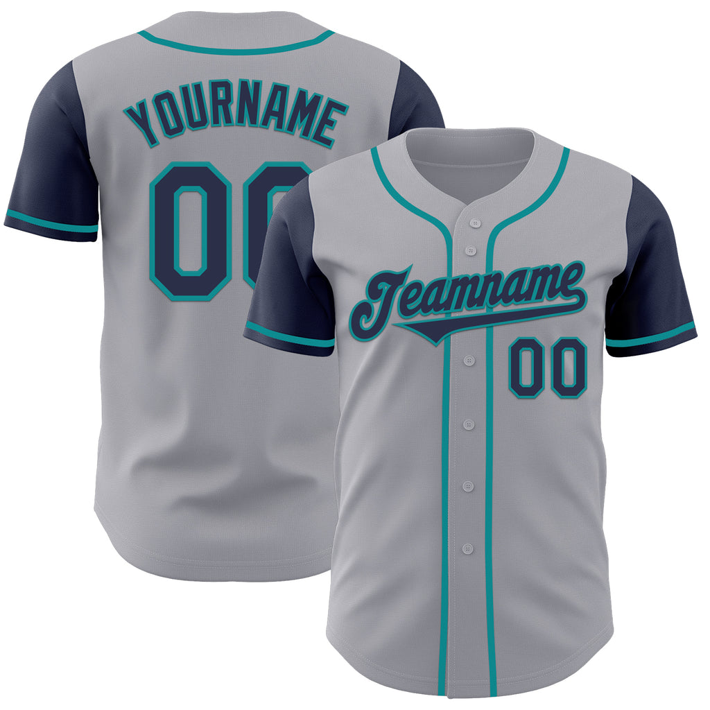 Custom Gray Navy-Teal Authentic Two Tone Baseball Jersey