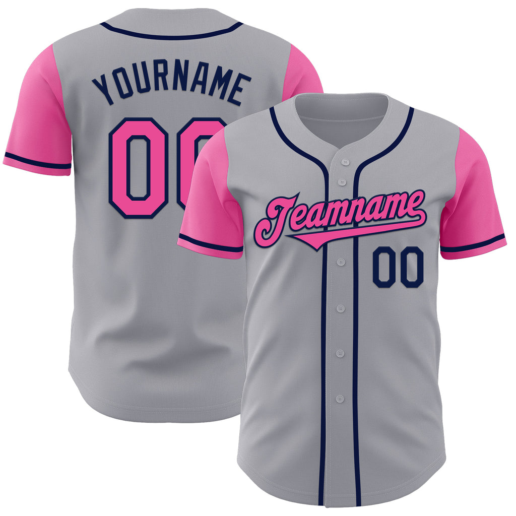 Custom Gray Pink-Navy Authentic Two Tone Baseball Jersey