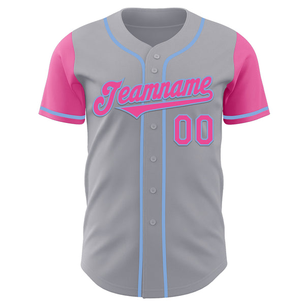 Custom Gray Pink-Light Blue Authentic Two Tone Baseball Jersey