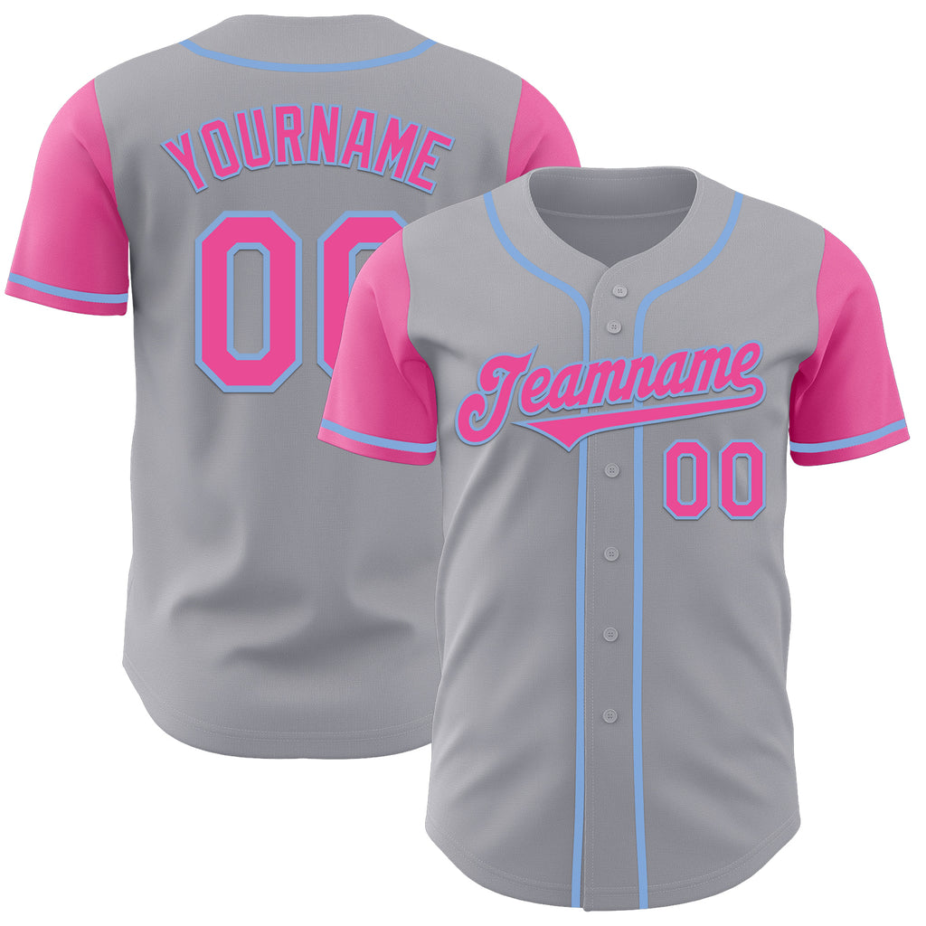 Custom Gray Pink-Light Blue Authentic Two Tone Baseball Jersey