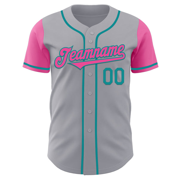 Custom Gray Pink-Teal Authentic Two Tone Baseball Jersey