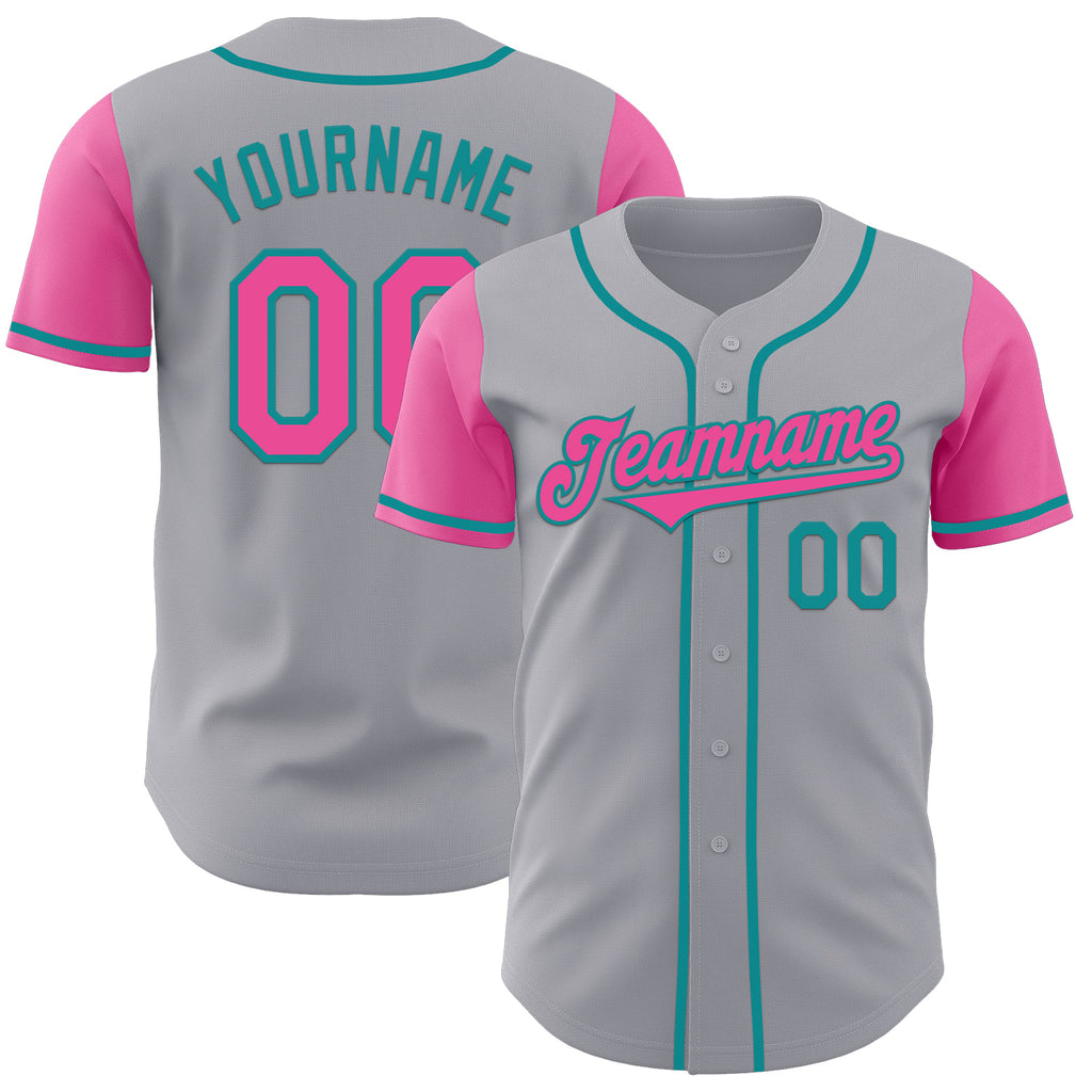 Custom Gray Pink-Teal Authentic Two Tone Baseball Jersey