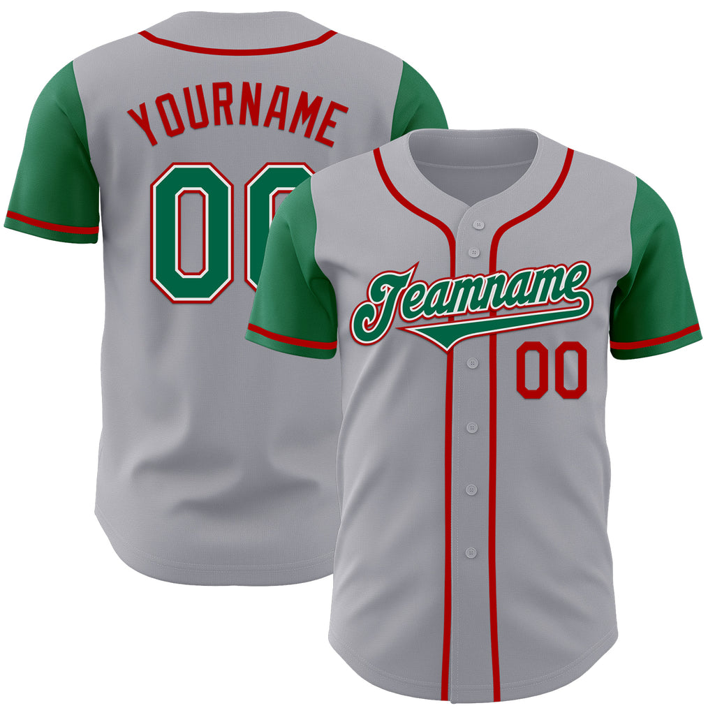 Custom Gray Kelly Green-Red Authentic Two Tone Baseball Jersey