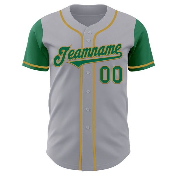 Custom Gray Kelly Green-Old Gold Authentic Two Tone Baseball Jersey